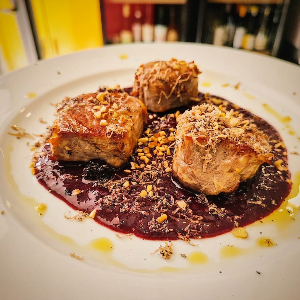 Filetto con salsa ai frutti rossi e nocciole