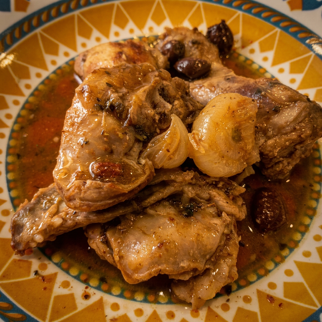 Coniglio in umido con olive e cipolline