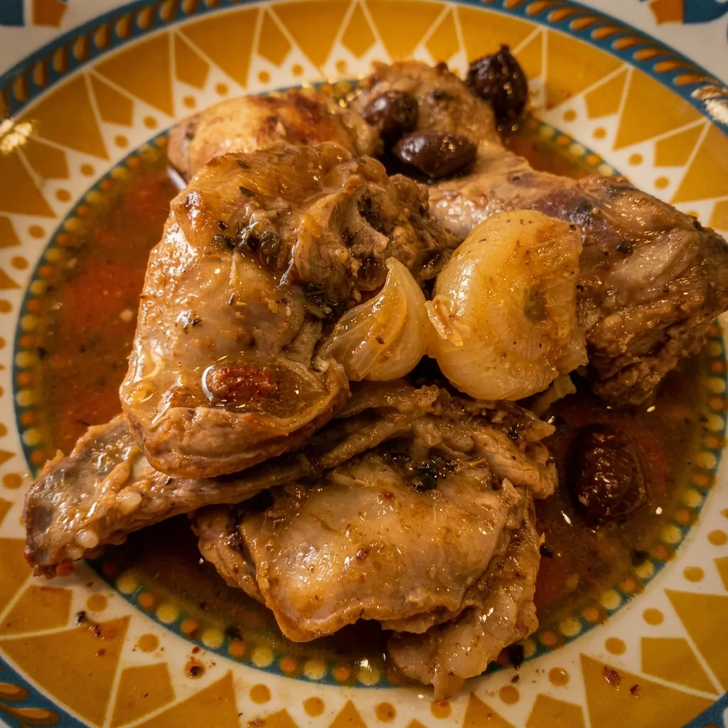 Coniglio in umido con olive e cipolline